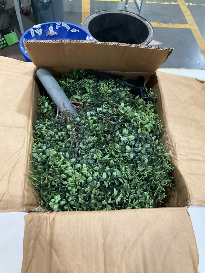Condition photo showing Good Condition for artificial boxwood topiary ball trees for outdoor set of 2 fake plant bushes with ground spike uv resistant faux shrubs for garden front porch, green topiary ball - green boxwood