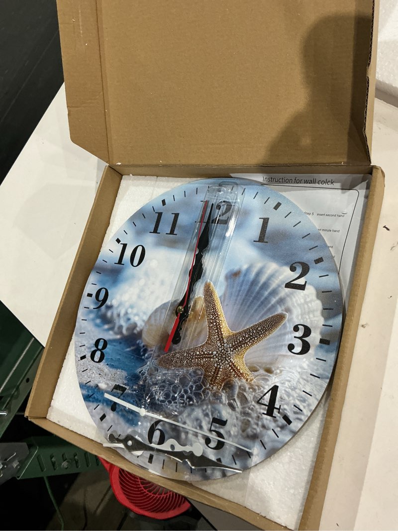 Condition photo showing As Is for wall clock, starfish seashell on beach silent non ticking battery operated round decorative indoor outdoor clocks for living room kitchen bedroom bathroom patio 12"