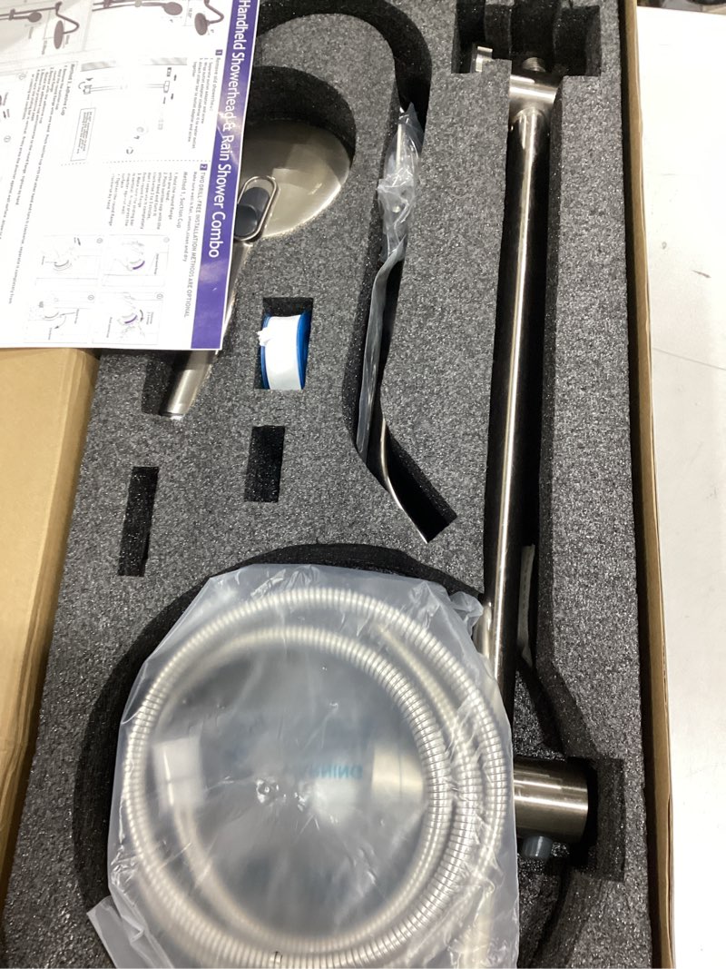 Condition photo showing As Is for 10 Inch Rain Shower Head with Handheld System, 24" Drill-free Slider Bar with Low 3-Way Diverter for Easy Reach, 4 Setting Handheld Spray with 5Ft Stainless Steel Hose - Matte Black