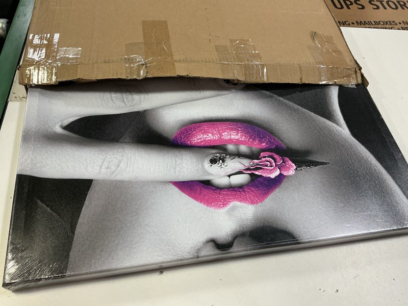 Condition photo showing New/Like New for Biuteawal - Modern Canvas Prints Wall Art Fashion Woman with Purple Lips and Nails Pictures Elegant Makeup and Manicure Poster for Spa Bathroom Beauty Salon Wall Decoration Framed Ready to Hang Purple 24"L x 24"W