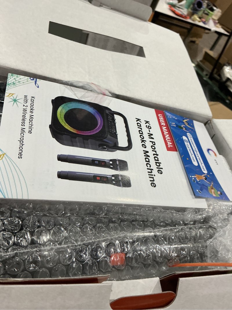 Condition photo showing Good Condition for karaoke machine, portable bluetooth speaker with 2 wireless microphones for adults & kids with lights, karaoke microphone with pa system supports usb/tf/rec/fm/aux for home party home system packages 2 mics