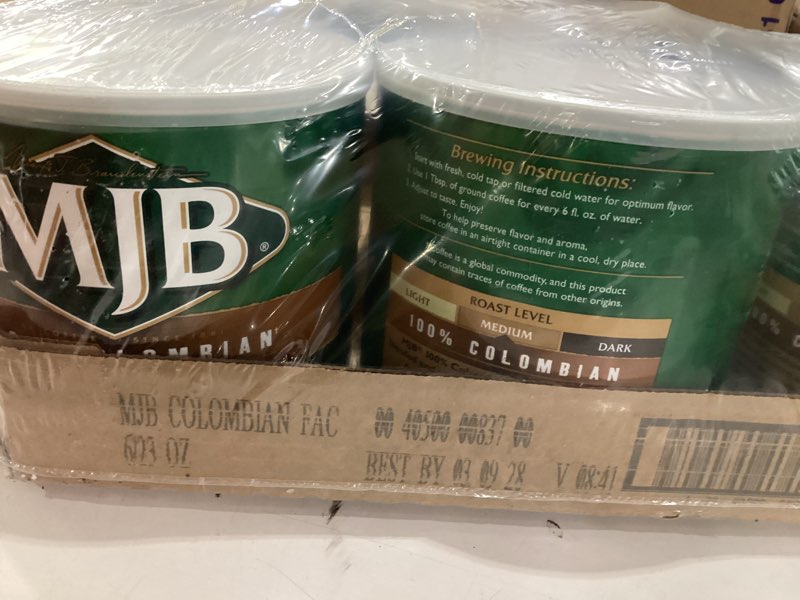 Condition photo showing Good Condition for *best  by 03/09/2028*mjb coffee, colombian ground coffee, medium roast, 6 packs of 23 oz *one damaged can*