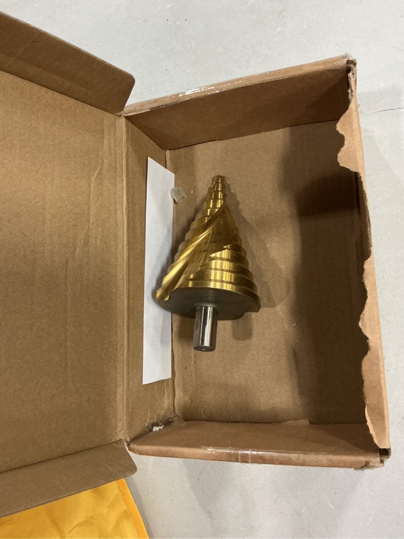 Condition photo showing As Is for anfrere large step drill bit, 1/4 to 2-3/8 inch high speed steel drill cone bits for sheet metal hole drilling cutting, sprial unibit extra large 2-3/8 inch 1pc m2 larger bit (gold)