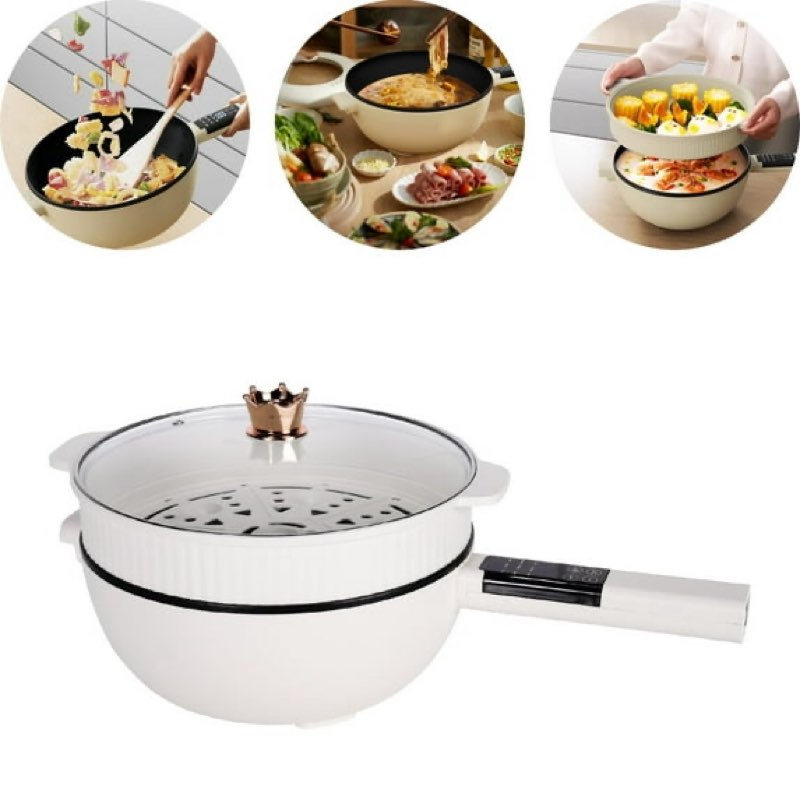 Hot Pot Electric with Steamer, 3L Non-Stick Frying Pan, Rapid Noodles Cooker Electric Pot for Steak,
