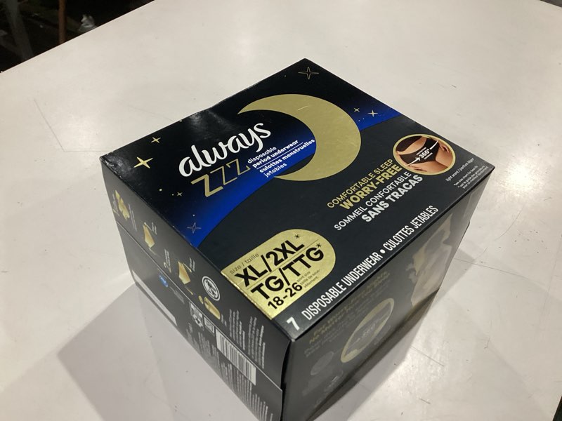 Condition photo showing New/Like New for always zzz overnight disposable period underwear for women extra large/2lx, 360° coverage for worry-free nights, 14 count (2 packs of 7) xl-2x-large 14.0