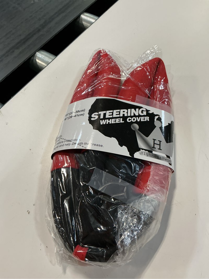 Condition photo showing New/Like New for highnesshwoo luxury suede steering wheel cover for cars, soft leather padded wheels cover for sedan, suv, thin car handle cover, universal fit, anti slip, 14.75-15.15in, red red+black standard size[14.75-15.15"](37.5-38.5cm)