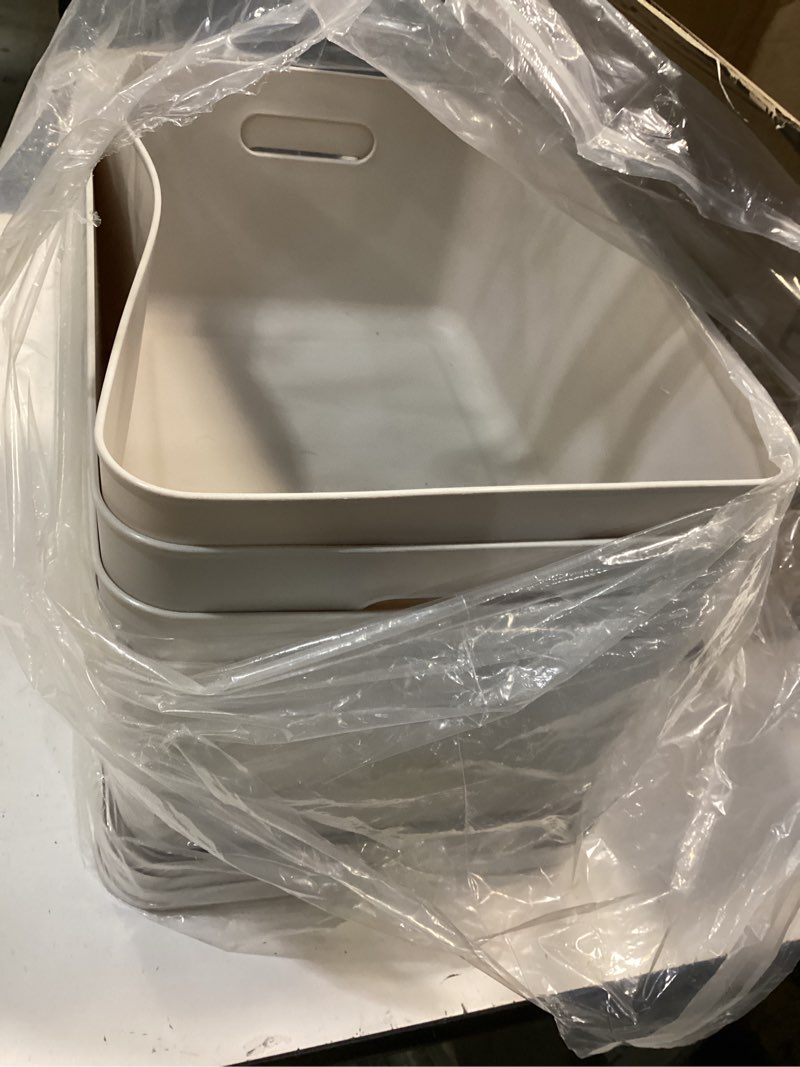 Condition photo showing Good Condition for 4 piece plastic storage baskets boxes with lids,11.8x8x10 inch stackable organizing bins with handles, versatile containers for pantry,bathroom,closet shelves desktop (light grey, 4xl) light grey 4xl