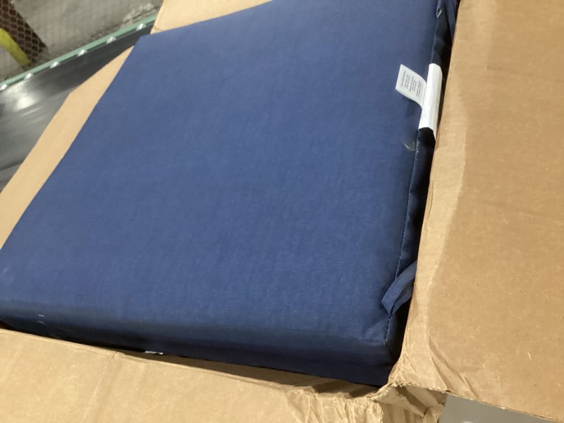Condition photo showing As Is for arden outdoor deep seat cushion set, 24 in x 24 in, weather-proof, rain-proof, fade resistant patio cushion for chair, sofa, and couch sapphire blue leala polyfill sapphire blue leala 1 pack