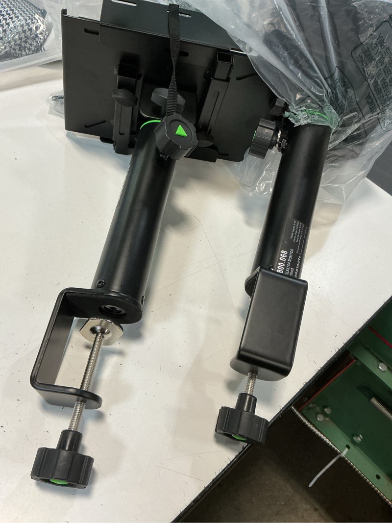 Condition photo showing As Is for vondynote dual side clamp studio monitor stands desk speaker stands 12°tilt | 2 pack, 10.4"-15.4" height adjustable, extendable top plate mounted by screws, 0-12°tilt, desktop clamp stands tilt