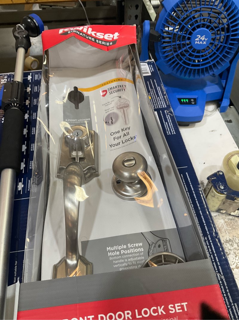 Condition photo showing As Is for kwikset signature series montara satin nickel single-cylinder deadbolt keyed entry door handleset knob smartkey