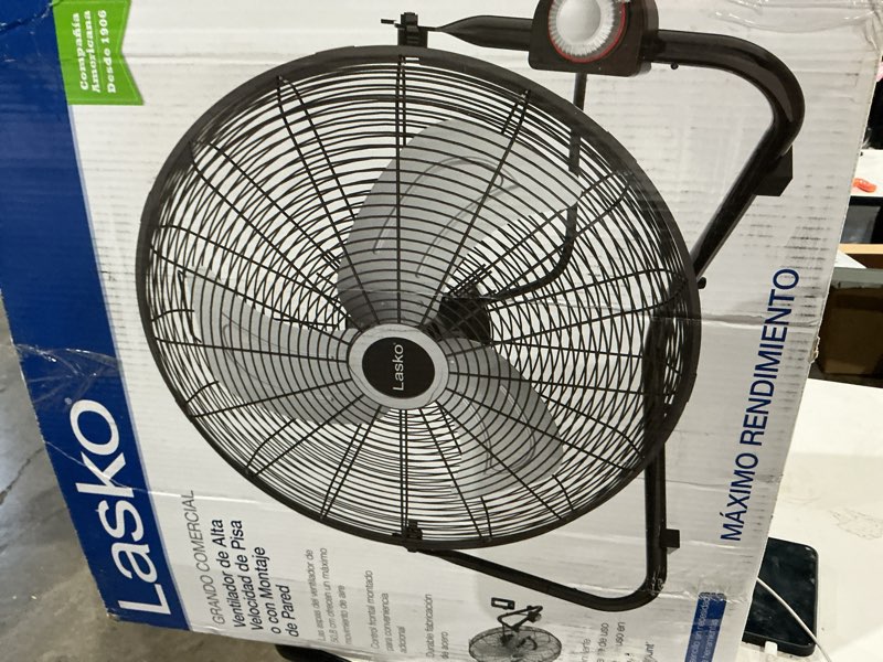 Condition photo showing As Is for lasko 20" black high velocity wall mount fan with pivoting head - 3 speeds, ideal wall mount fan or floor fans for home, garage, attic, 2264qm black silver