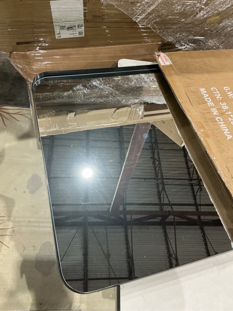 Condition photo showing Good Condition for item similar// 26x38// vanity mirror for bathroom sink black frame bathroom mirrors wall mounted with anit-rust aluminum alloy shatterproof glass for over sink, rectangular,vertical & horizontal hang