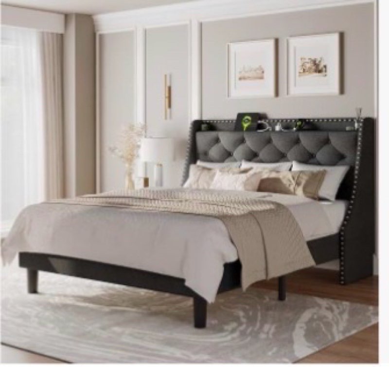feonase full size bed frame with luxury wingback and fast charging station,full upholstered button t