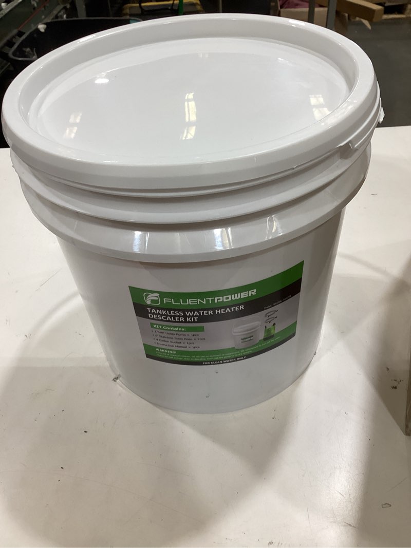 Condition photo showing As Is for fluentpower tankless water heater descaling flush kit, includes 1/2hp submersible utility water pump with adapters, 5.3 gallon pail with bucket lid opener, two 3/4"ght x 6' stainless steel hoses 1/2hp pump+5.3 gallon pail