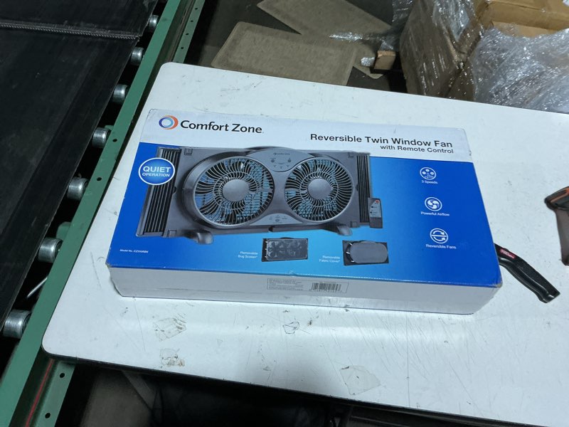 Condition photo showing Good Condition for comfort zone 9-inch reversible twin window fan with remote control – 3-speed dual blade fan with exhaust, cooling & circulate modes, expandable width 23.5" to 37", removable bug screen & tabletop feet black 3-speed w/remote