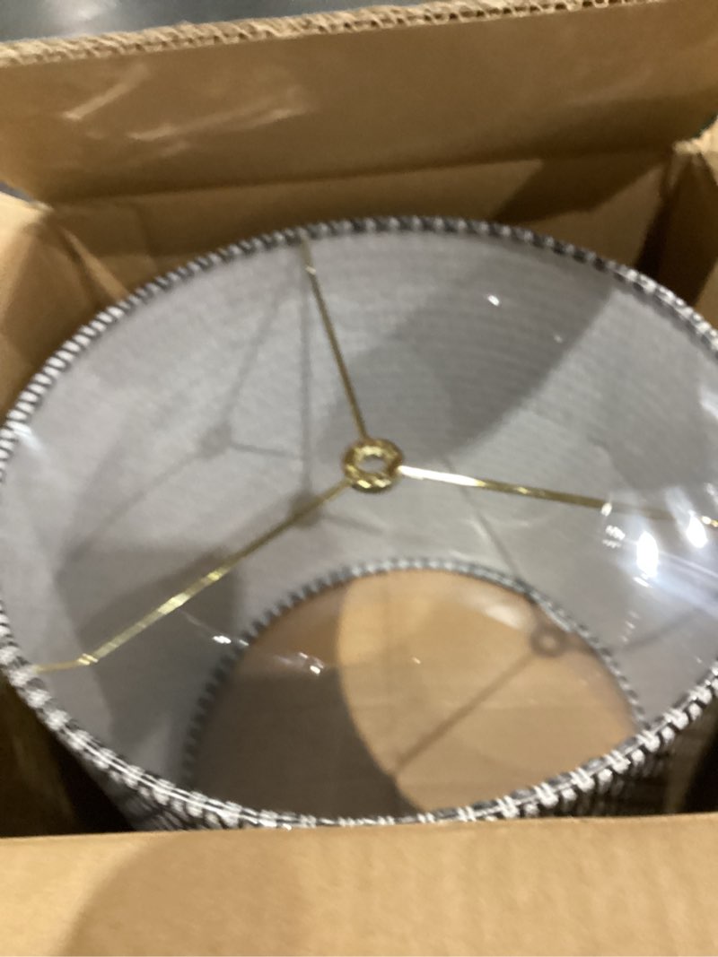 Condition photo showing New/Like New for Aspen Creative 31610, Hardback Drum Contemporary Spider Shade, Rattan Look Textured Fabric, 12" Top x 12" Bottom x 12" Height,