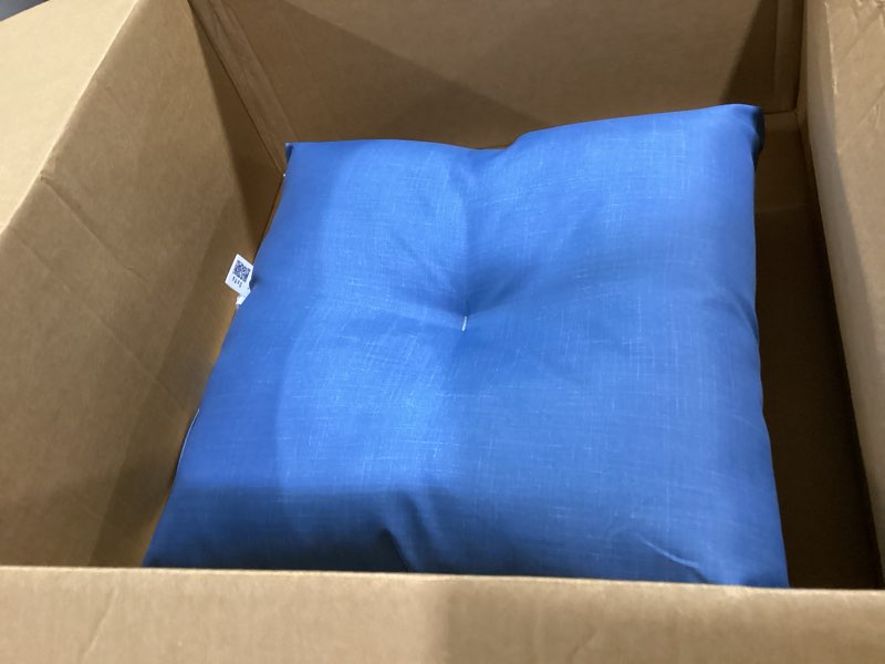 Condition photo showing Good Condition for arden outdoor plush modern tufted seat cushion, 20 x 20, water repellent, rain proof, fade resistant seat cushion for rocking or dining chairs french blue texture french blue texture 20"l x 20"w x 4.5"h 20" x 20" modern tufted seat cushion