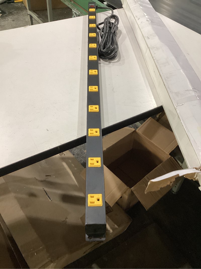 Condition photo showing Good Condition for 12 outlet industrial power strip with 15ft cord, 1875w heavy duty metal power strip with wide-spaced outlets & overload protection, etl listed for garage, workshop, office, home