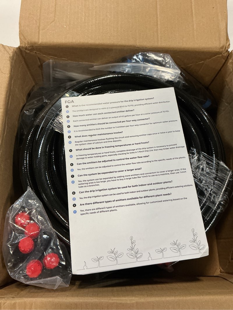 Condition photo showing Good Condition for 230ft drip irrigation system for garden with 40 nozzles & emitters, garden watering system with 1/2" & 1/4" tube and barbed fittings - adjustable sprinklers kit for greenhouse, lawn, raised bed black