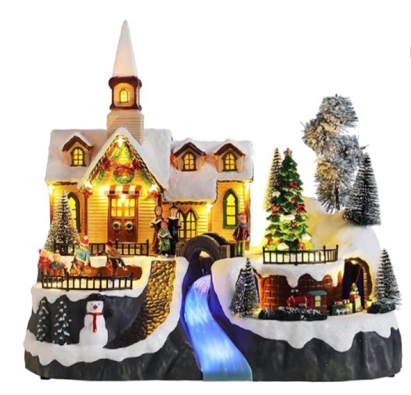  MUMTOP Christmas Village Snow Church with Rotating Train, Light Up Animated Moving Skaters and Christmas Tree with Music for Indoor Holiday Xmas Tabletop Decor