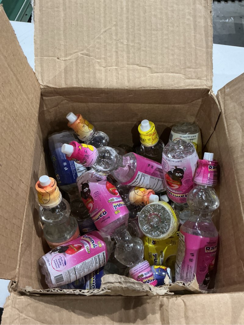 Condition photo showing As Is for ramune japanese marble soda drinks - 24 pack - variety pack of 4 delicious fruity flavors (grape, lemon, blackcurrant, peach) - 60 calories per bottle - 250ml / 8.45oz