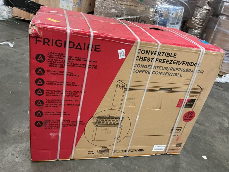 Condition photo showing As Is for Frigidaire 10.3 Cu. ft. Chest Freezer  Garage Ready  EFRF1005  White