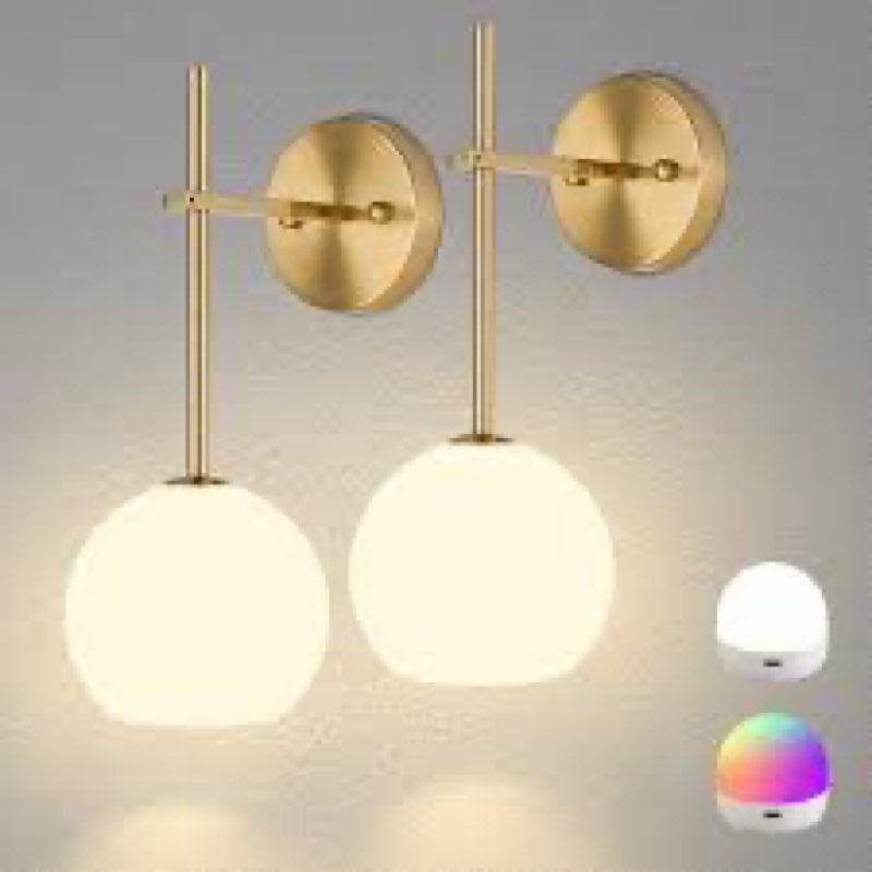 gold battery operated wall sconces set of 2, rechargeable wireless wall lights with milky white fros