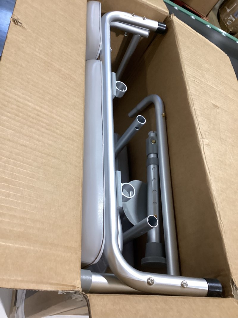 Condition photo showing As Is for medline padded transfer bench for bathtub and shower, height adjustable, slip-resistant legs, rust-resistant, side arm & back rest for extra support, 400 lb. weight capacity, tool-free assembly
