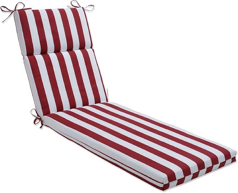 Pillow Perfect Stripe Indoor/Outdoor Split Back Chaise Lounge Cushion with Ties, Plush Fiber Fill, Weather, and Fade Resistant, 72.5" x 21", Red/White Midland, 1 Count