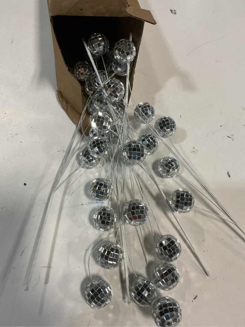 Condition photo showing As Is for knitgrip 12 pcs disco balls party decorations disco ball ornaments 2026 new year eve party silver ornaments glitter mini flower picks sticks bulk 14 inch planter vases glitter stems for crafts
