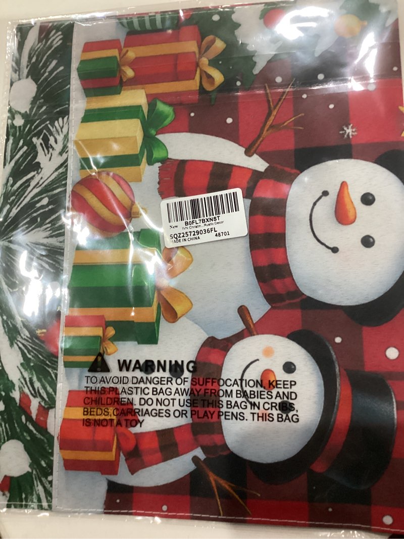 Condition photo showing New/Like New for IVN Winter Christmas Garden Flag 12x18 Inch Double Sided Snowmen with Gifts on Red Plaid Outdoor Yard Flag for Home Lawn Patio Holiday Decor Snowman Family