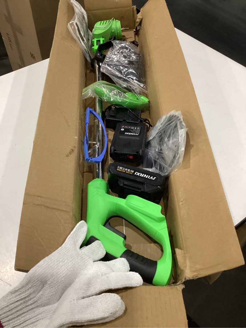 Condition photo showing New/Like New for cordless weed wacker electric,21v stringless battery powered weed trimmer eater,weed wacker with charger 2 battery and 26pcs blades,string trimmer/brush cutter/edger for yard and garden