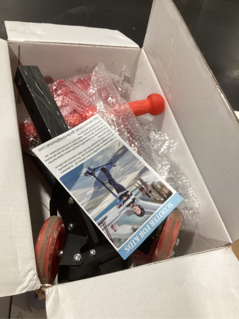 Condition photo showing As Is for kick scooter for kids ages 6-12, led lighted wheels and 3 adjustable height handlebars, kids kick scooter, extra wide deck for girls and boys blue red