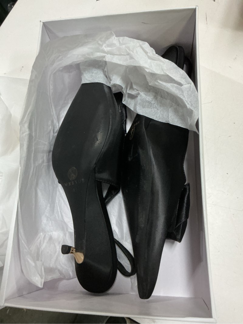 Condition photo showing As Is for women’s floral slingback kitten heels, pointed toe satin dress pumps for wedding party evening 6 black