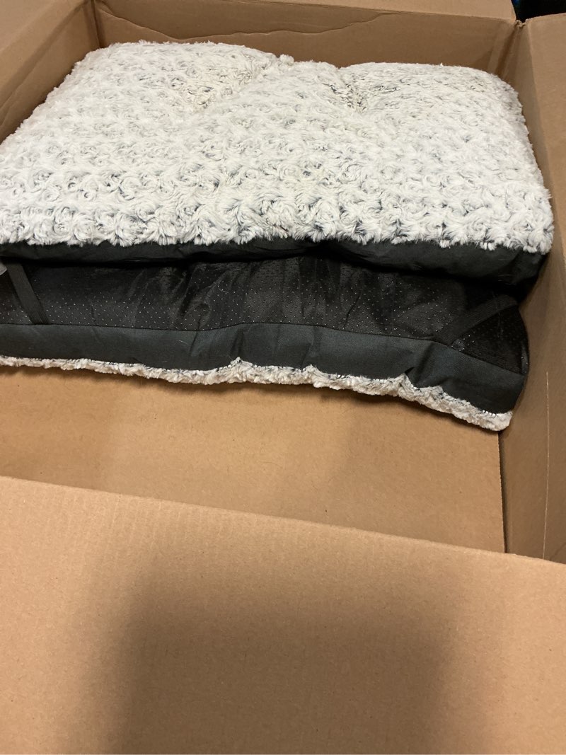 Condition photo showing As Is for pocblue deluxe washable dog bed for large dogs dog crate mat 35 inch comfy fluffy kennel pad anti-slip for dogs up to 60 lbs, 35" x 23", grey 35.0"l x 23.0"w x 3.5"th grey