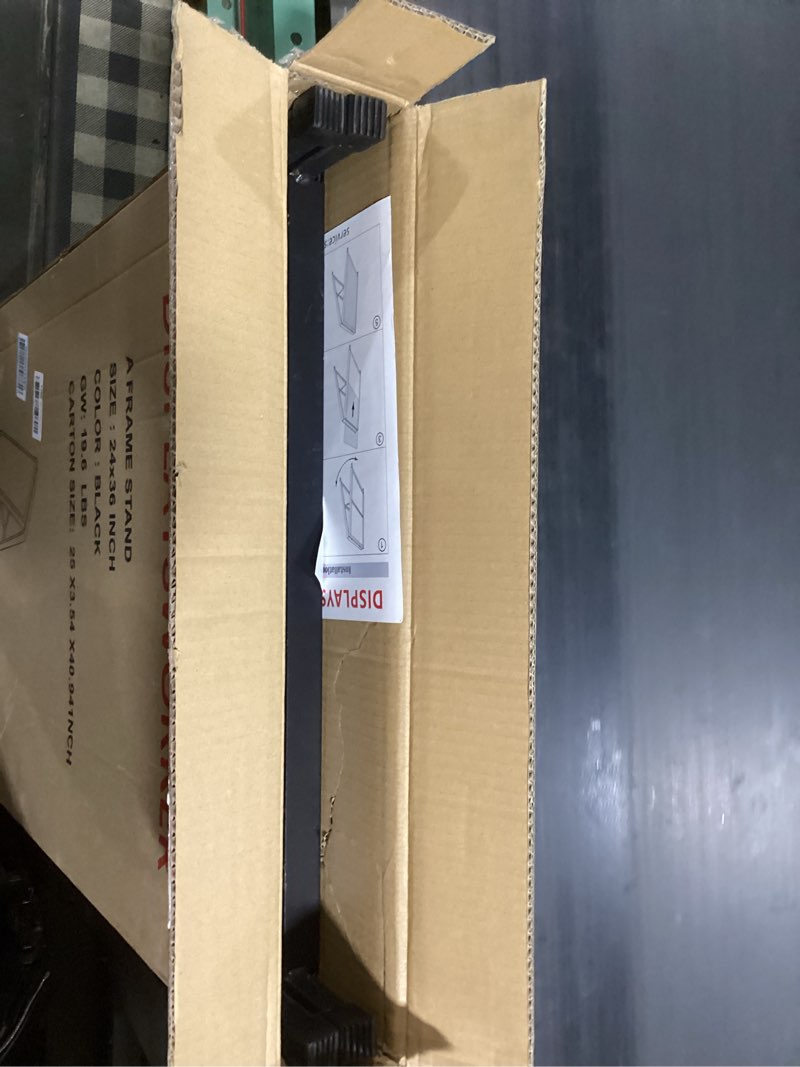 Condition photo showing New/Like New for DISPLAYSWORKER Heavy Duty A-Frame Sidewalks Signs 24x36 Inch ,outdoor Sandwich Board Sign Black Coated Steel Metal Double-Sided?Slide-in Folding with 2 Corrugated Plastic Poster Boards&2 Anti-Glare Double Side (with 2 Plastic Board)