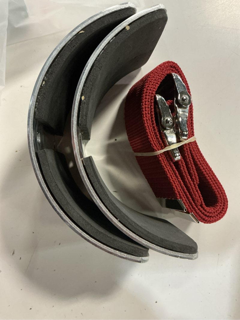 Condition photo showing Good Condition for drywall stilt parts set: 2 curved aluminum leg plates & 2 red nylon straps | universal replacement for painting, plastering, taping, electrical, and home renovation stilts