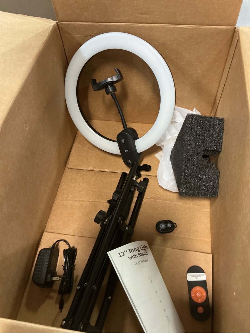 Condition photo showing Good Condition for 12" Selfie Ring Light with 63" Tripod Stand/Phone Holder, QEUOOIY 20W LED Circle Lights Dimmable 3000-6500K with Remote Control and Built-in Rechargeable Battery for Vlog, Makeup, YouTube, Camera