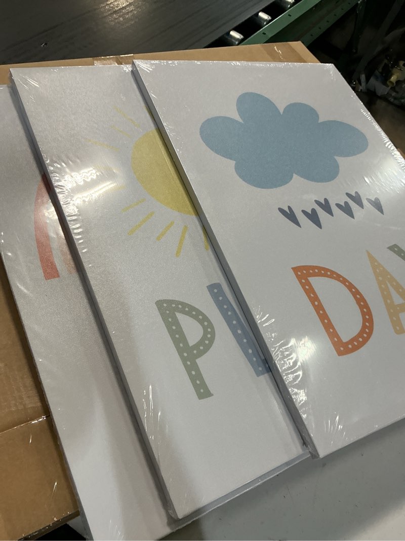 Condition photo showing Good Condition for 3pcs boho nursery canvas wall art play all day kids room wall decor pictures rainbow sun cloud posters prints for boy girl bedroom playroom classroom decoration, 16x24in playroom art 16x24in canvas