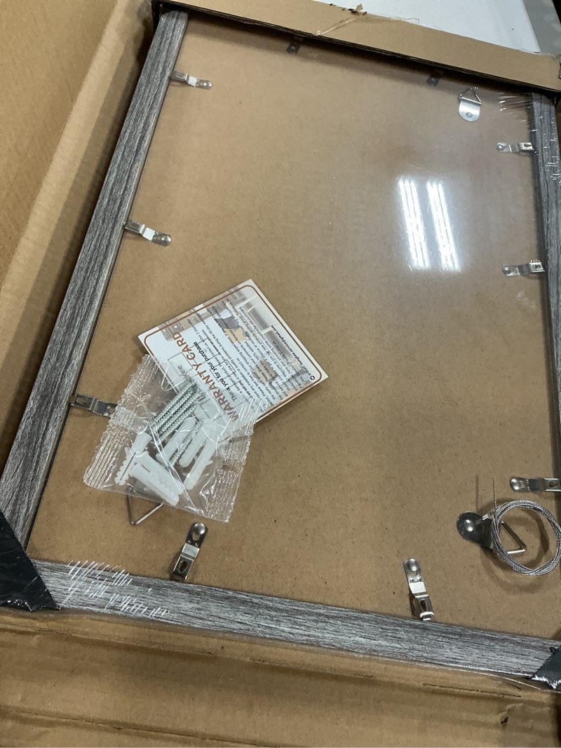 Condition photo showing New/Like New for 11x17 frame set of 2, rustic grey wood style - display 11 x 17 poster without mat or 8x12 picture with mat, wall mounting horizontal and vertical natural oak 11x17 in