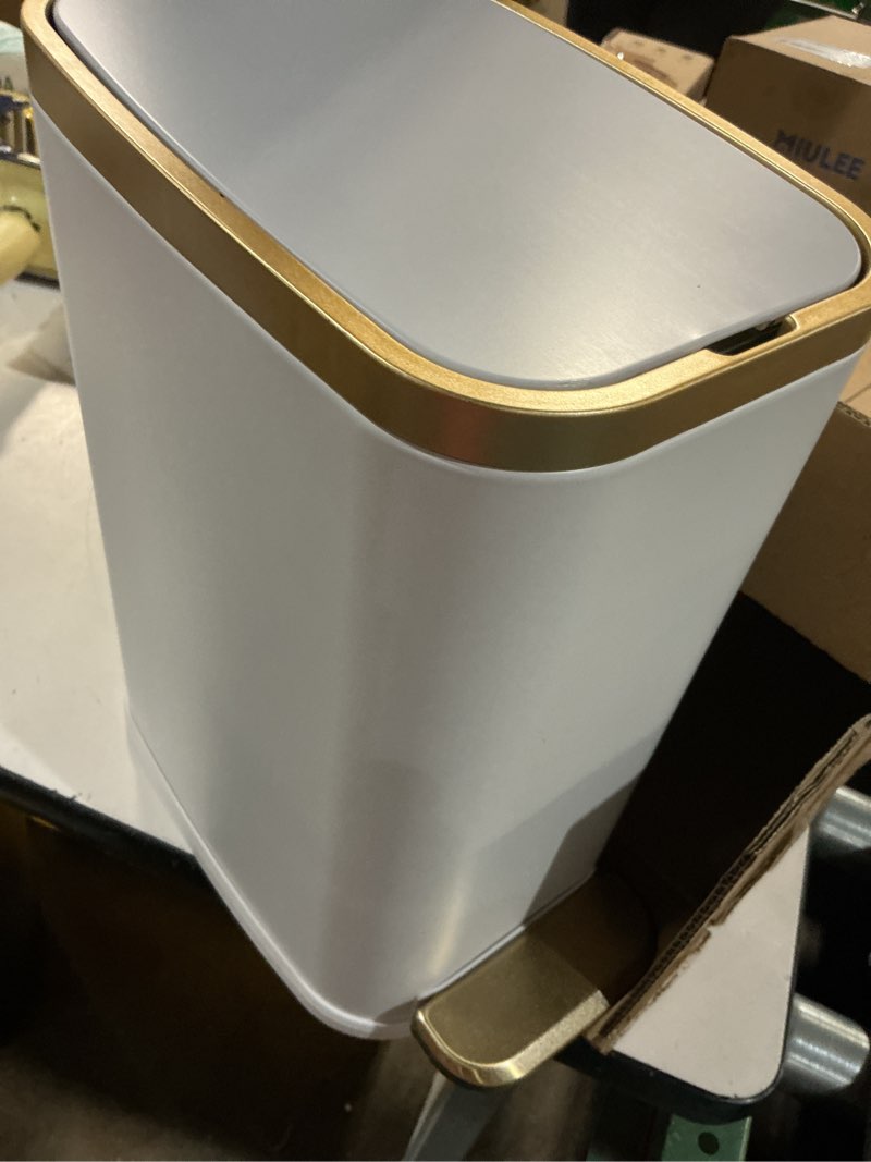 Condition photo showing Good Condition for ceroelda small bathroom trash can with lid soft close-5l/1.3 gal stainless steel garbage can-step pedal wastebasket slim trash bin for office, bedroom, toilet, live room-white white 1.3 gallon