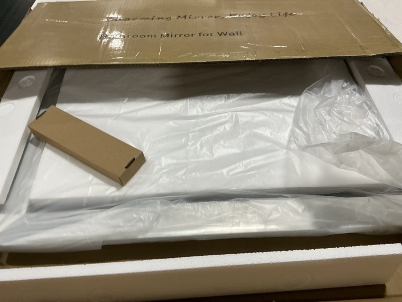 Condition photo showing As Is for SMIROR Brushed Silver Bathroom Mirror for Over Sink, 20”x 24” Metal Thick Framed Rectangle Vanity Mirror for Wall, Right Angle Corner, Anti-Rust, Horizontally or Vertically Mounted Silver 24"L x 20"W