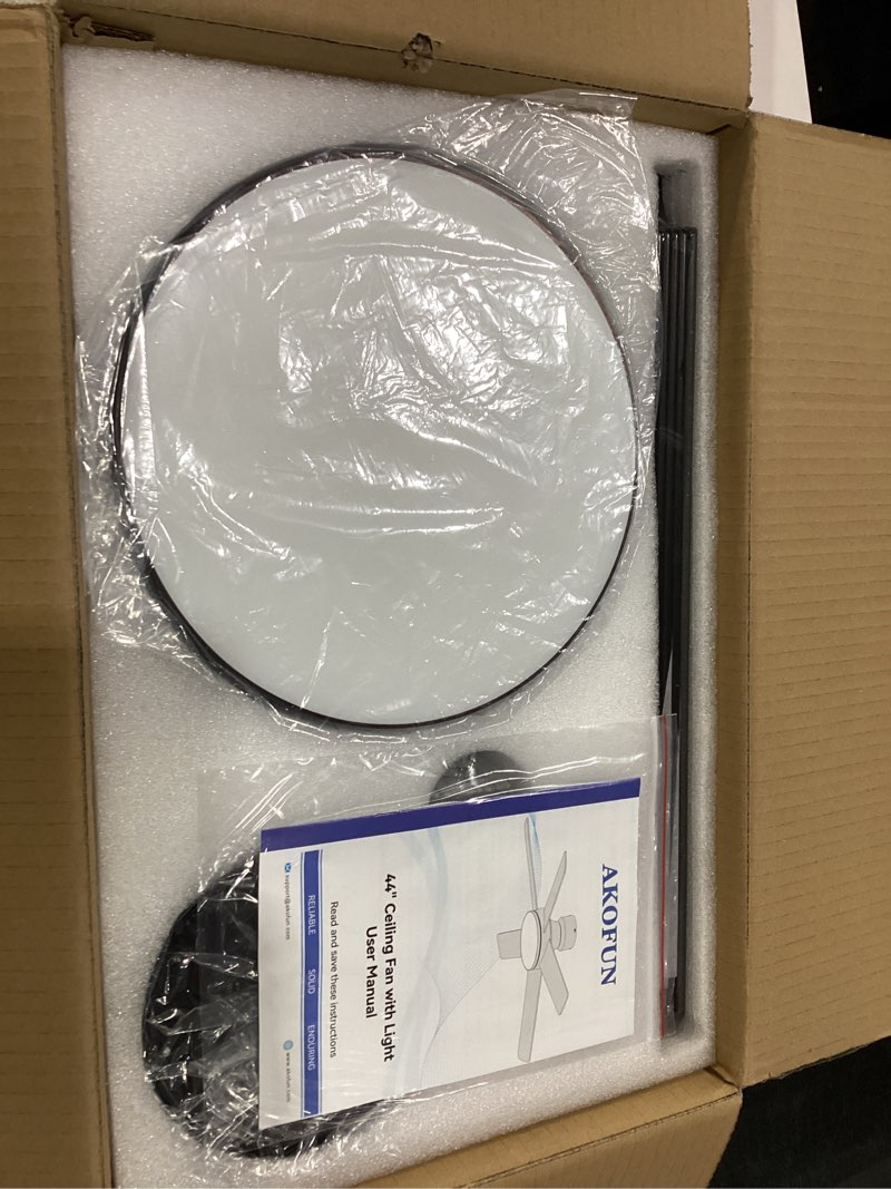 Condition photo showing New/Like New for akofun ceiling fans with lights and remote, low profile ceiling fan with light, app, 6 speed, dimmable, dc motor, quiet, timer, flush mount modern ceiling fan for bedroom living room (44 inch, black) black 44 inch