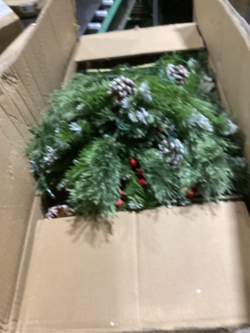 Condition photo showing As Is for Jin&Bao 4FT Potted Christmas Tree with 100 Lights, 2 Pack Artificial Xmax Tree Timer Function with Round Pine Cones & Red Berries, 3AA Battery Operated Christmas Decorations for Outdoor, Porch Frosted Tree 4FT-2 Pack