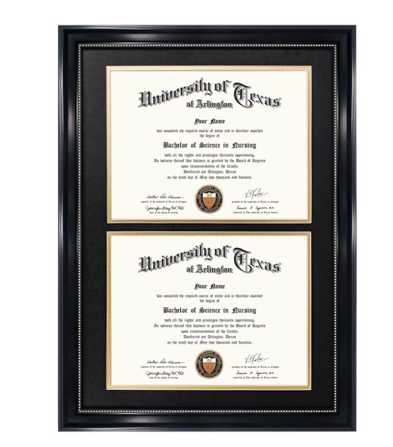 GraduationMall 14x20 Double Diploma Frame, Display 8.5x11 Certificate with Navy over Gold Mat,UV Protection Acrylic,Black with Silver Beads