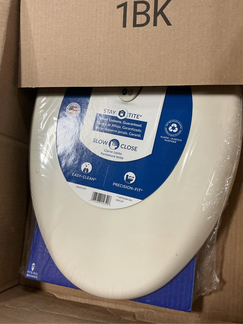 Condition photo showing Good Condition for mayfair aurora slow close toilet seat, easy clean hinges and adjustable perfect fit plastic seat, made in usa, elongated, biscuit