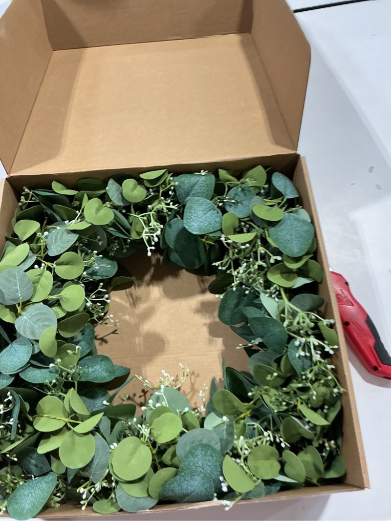Condition photo showing Good Condition for homekaren eucalyptus wreaths for front door 26", handmade green leaves wreath for summer, spring and all seasons, greenery floral wreath for wall and outside green 26 inch