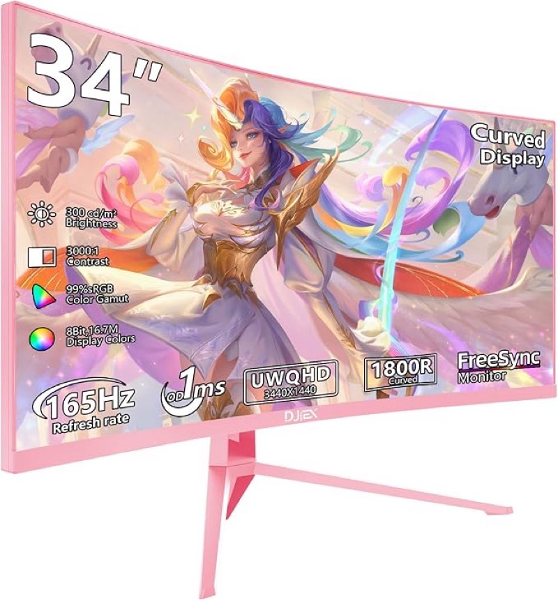 34 inch Pink Ultrawide Curved Computer Gaming Monitor 165Hz UWQHD 3440x1440,1500R -PIP,1ms (MPRT),HDR, 300nits, sRGB99%,FreeSync,HDMI2.0(TMDS) x2,DP1.4 x2,Eye Care,Support Wallmount 75x75mm