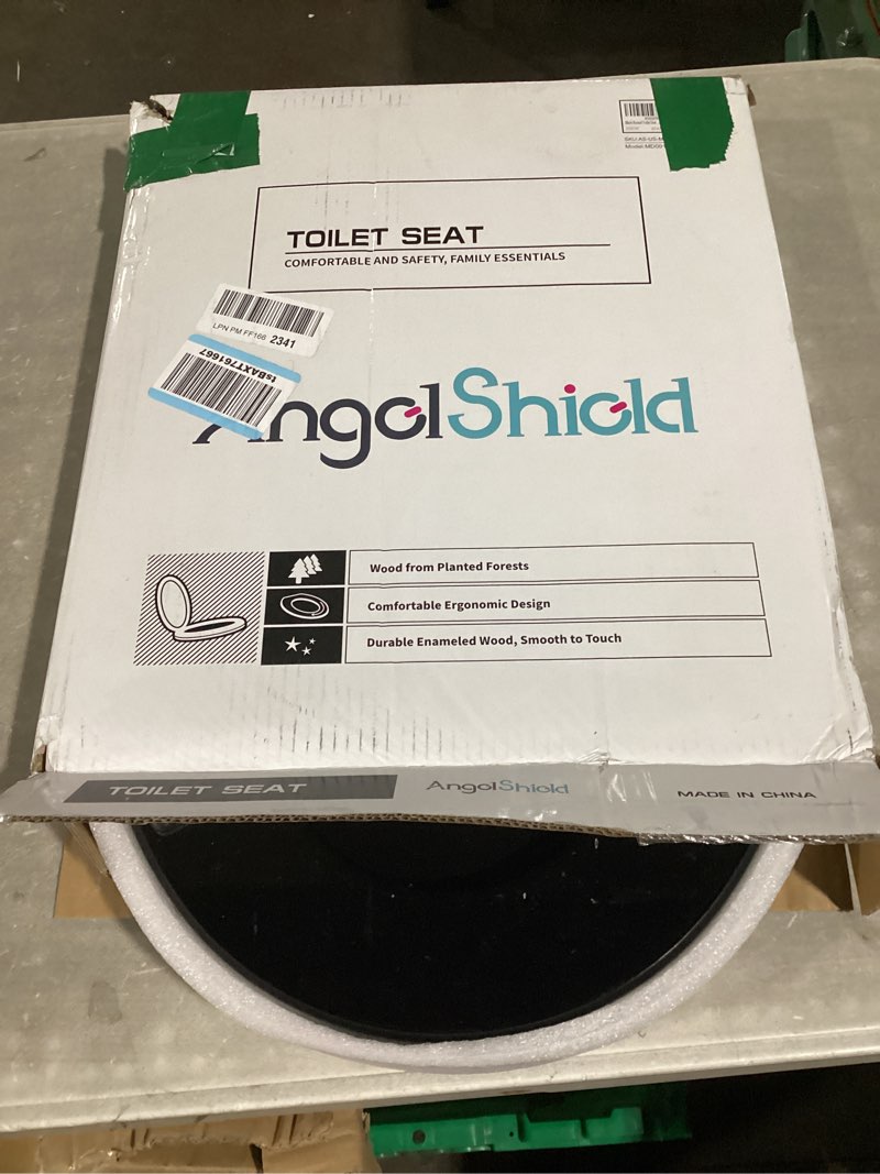 Condition photo showing As Is for mayfair cameron black toilet seat, non slip heavy duty wood, easy clean, made in usa, round black round