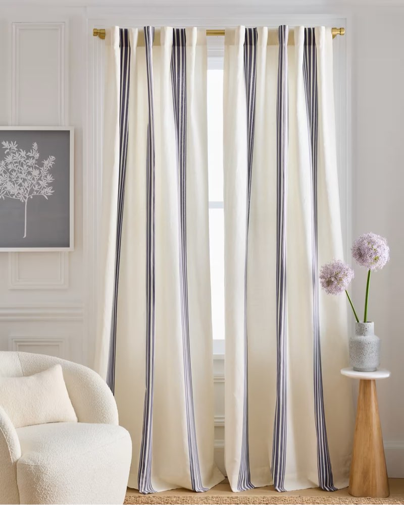 Coastal Stripe Linen Cotton Curtain - Single Panel Color: Ivory/Navy Size: 48x96
